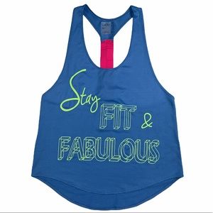 Lucky in Love Mesh Racer Back Blue neon Yellow Stay Fit & Fabulous Yoga Tank Top